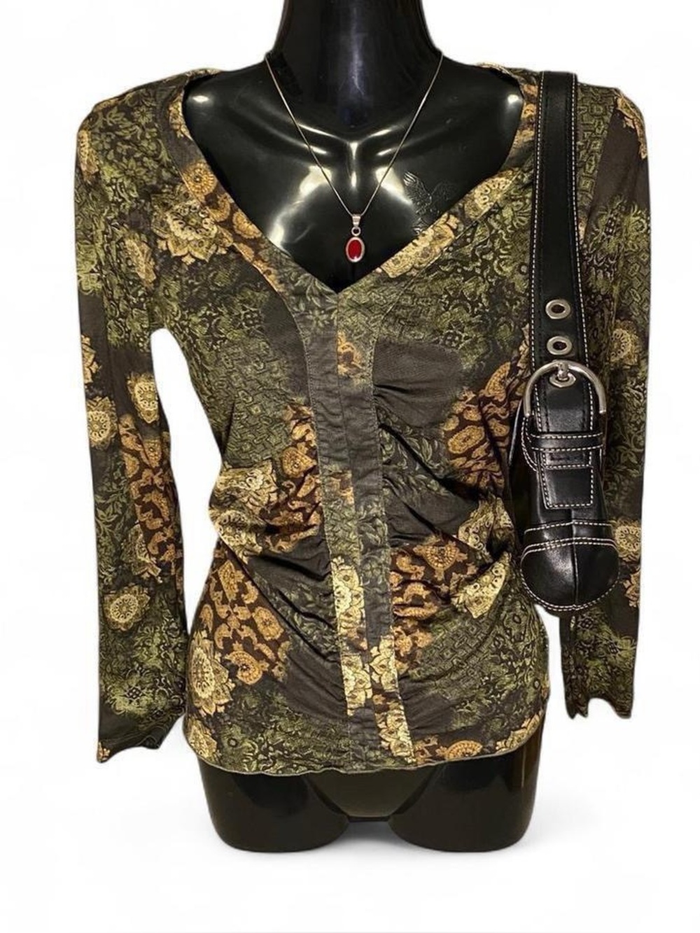 Rickis Green and Brown Mesh Long Sleeve Top with Ruched Details